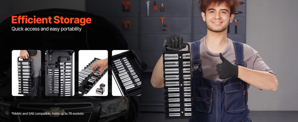 SucceBuy 3PCS Magnetic Socket Organizer Tray 3/8'' 1/2'' Metric & SAE Socket Holder Set up to 76 Sockets for Tool Box Drawer