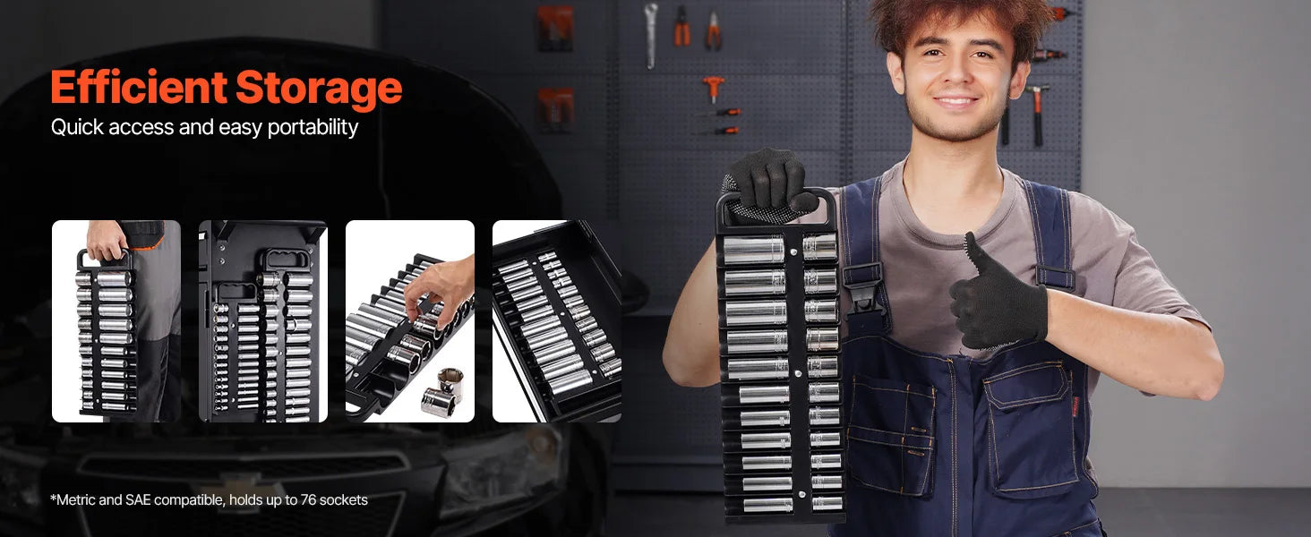 SucceBuy 3PCS Magnetic Socket Organizer Tray 3/8'' 1/2'' Metric & SAE Socket Holder Set up to 76 Sockets for Tool Box Drawer