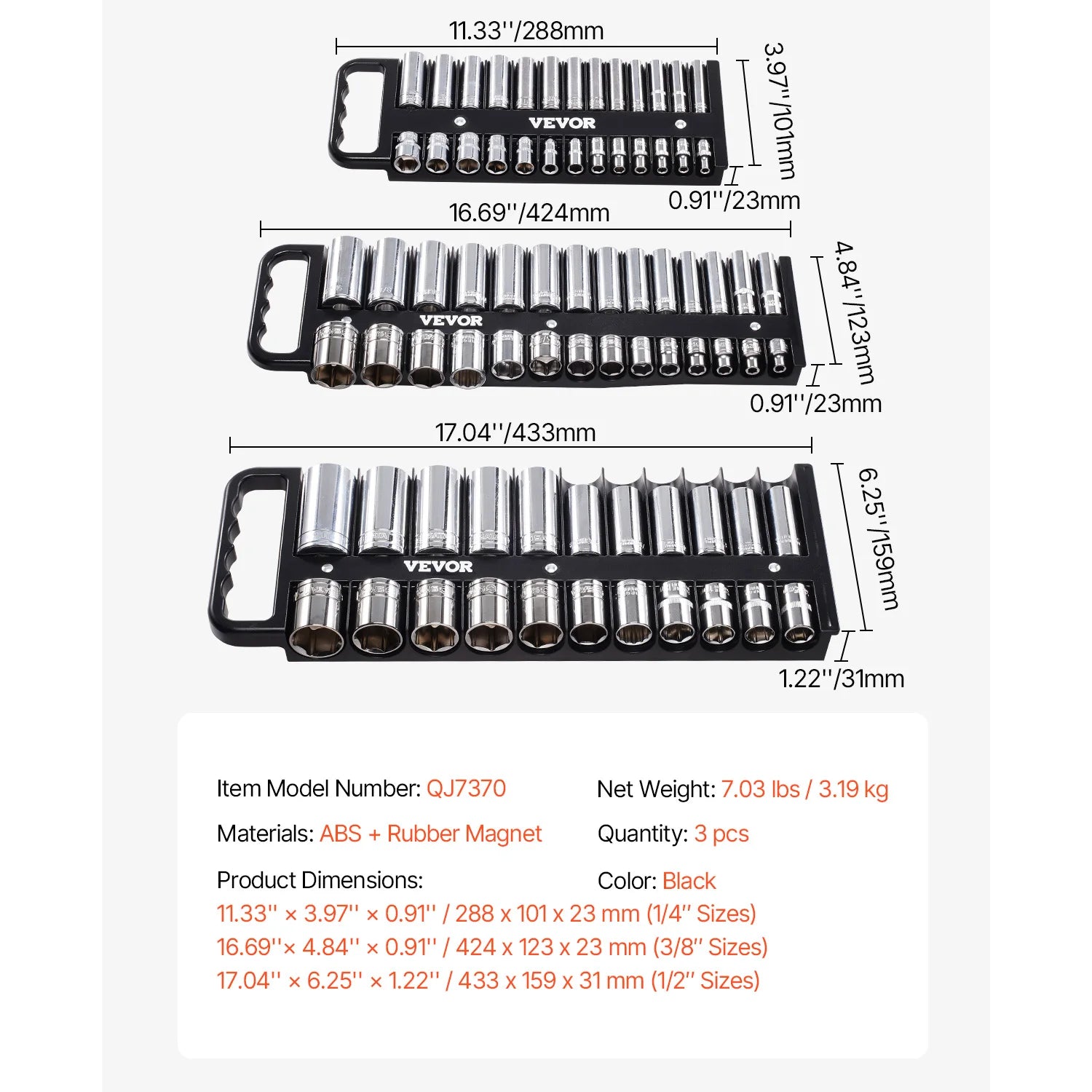 SucceBuy 3PCS Magnetic Socket Organizer Tray 3/8'' 1/2'' Metric & SAE Socket Holder Set up to 76 Sockets for Tool Box Drawer
