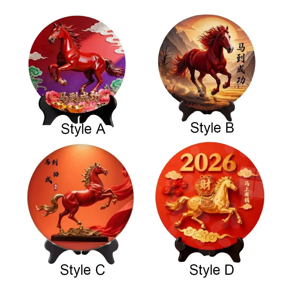 Horse Year Decorative Paintings Ornament Wooden Good Luck Photo Frame Decorations Funny Round Home Decor Ornament Bedroom