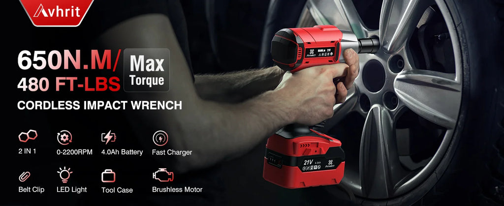 AVHRIT 1/2"Brushless Cordless Impact Wrench 650Nm(480Ft-lbs) 2200RPM w/ 2x4Ah Battery Kit & Sockets-Heavy Duty for Car/Truck/DIY