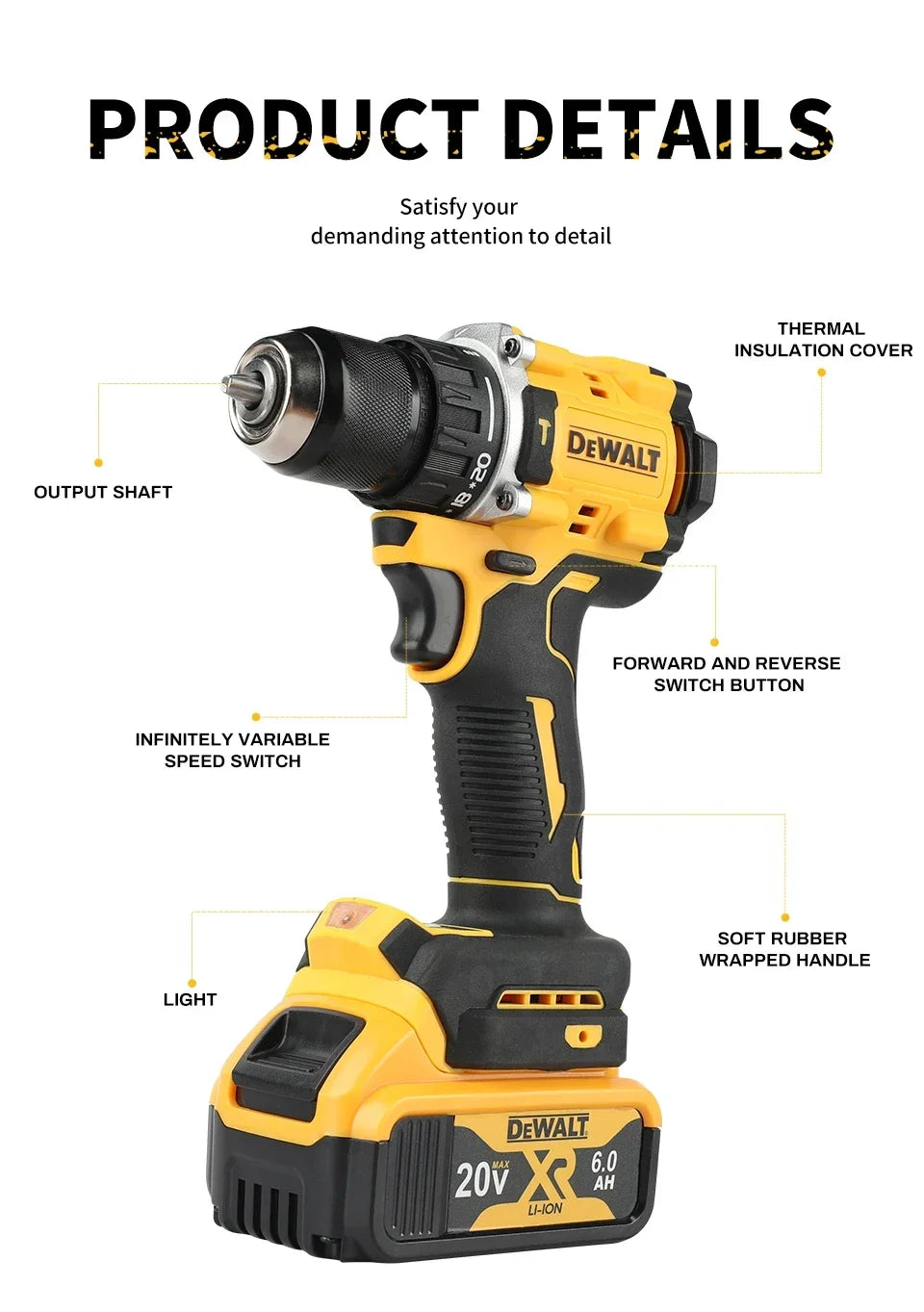 DEWALT DCD805 20V Power Tools Brushless Impact Drill Cordless Electric Screwdriver Multi-Function Hand Drill