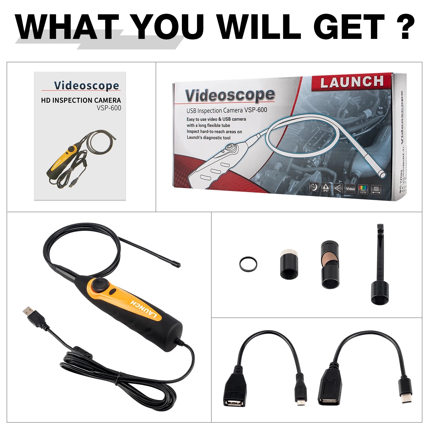 LAUNCH VSP-600 Borescope Inspection Camera IP67 Waterproof VSP600 Videoscope 5.5MM 6 LED Light for X431 Series USB Endoscope