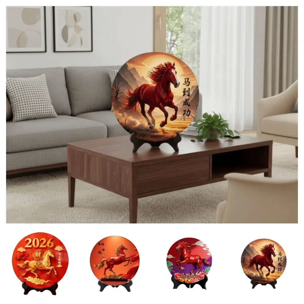 Horse Year Decorative Paintings Ornament Wooden Good Luck Photo Frame Decorations Funny Round Home Decor Ornament Bedroom