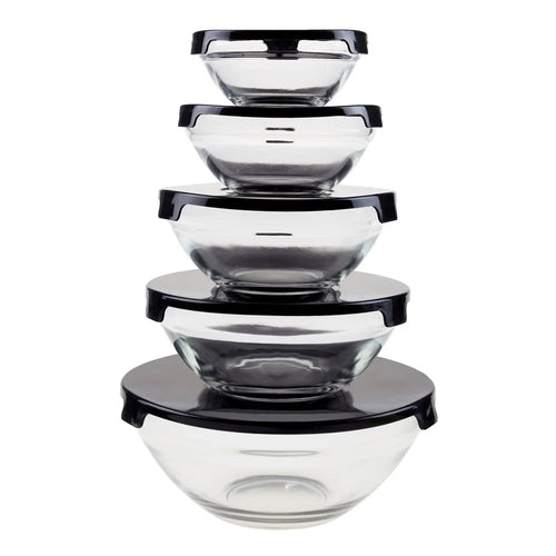10 Piece Glass Storage Containers with Snap Lids Mixing Bowls Kitchen Prep Food Safe Reusable Space Efficient Dishwasher Safe