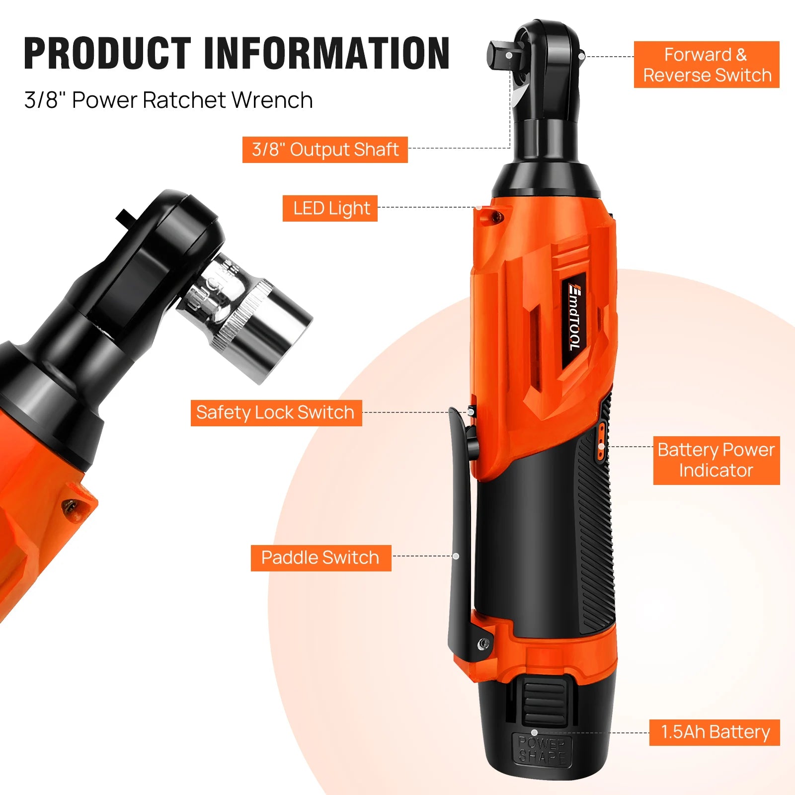 Cordless Ratchet Wrench, 2 x 12V 1.5Ah Batteries, Charger, Power Tool Wrench 3/8" Sq Drive,Cordless Ratchet with 7 Sockets
