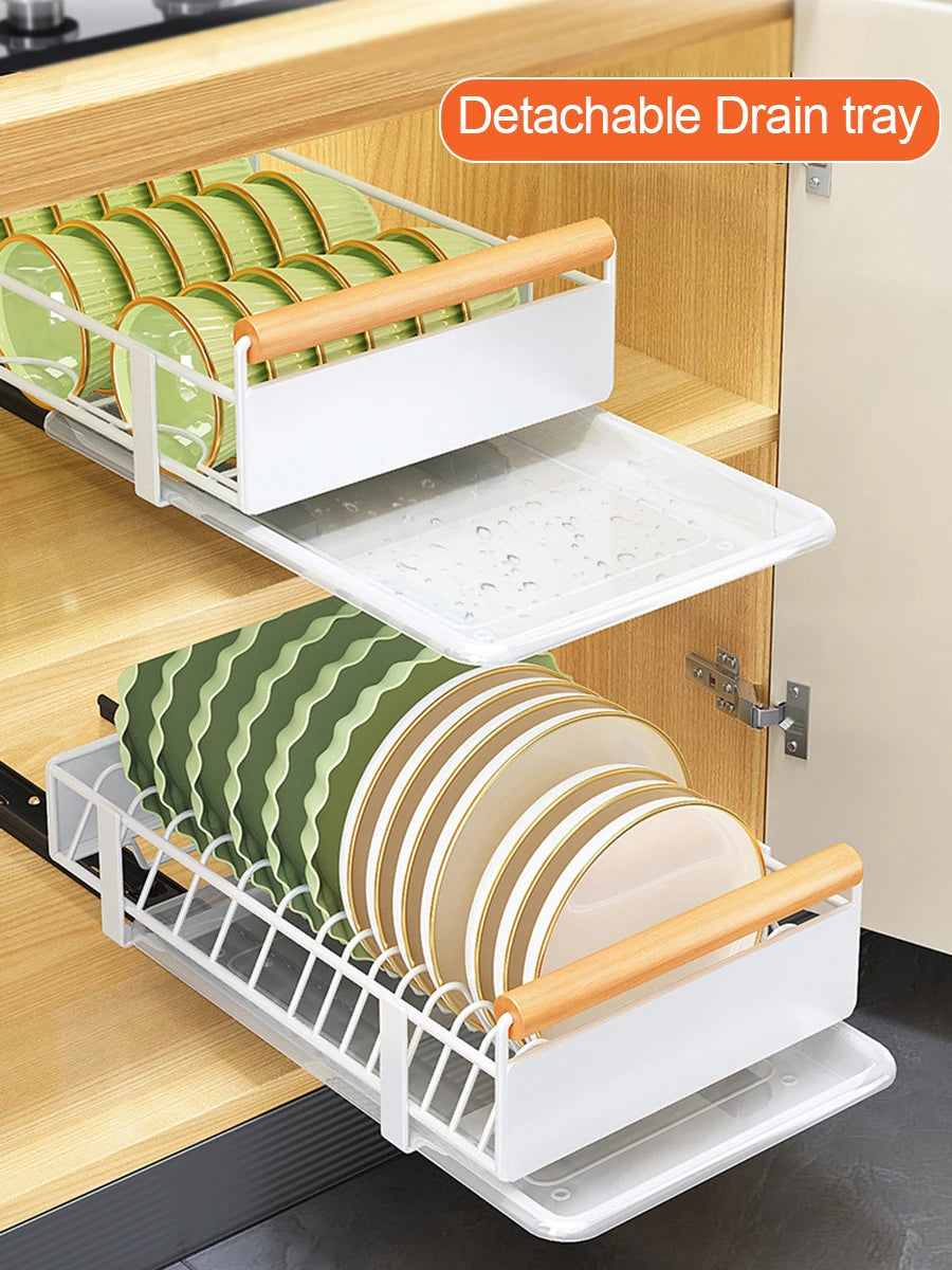 Telescopic Drawer, Kitchen Storage Shelf Bowls Dishes Draining Basket, Extendable Metal Slide Out Organiser For Cupboard Cabinet