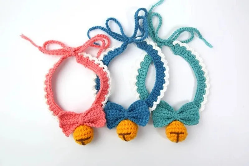 Knitting Pet Collars Cute Bow Bell Shape Knitted Scarf Handmade Dog Cat Collar Crochet Tie Adjustable Necklace Pet Accessories