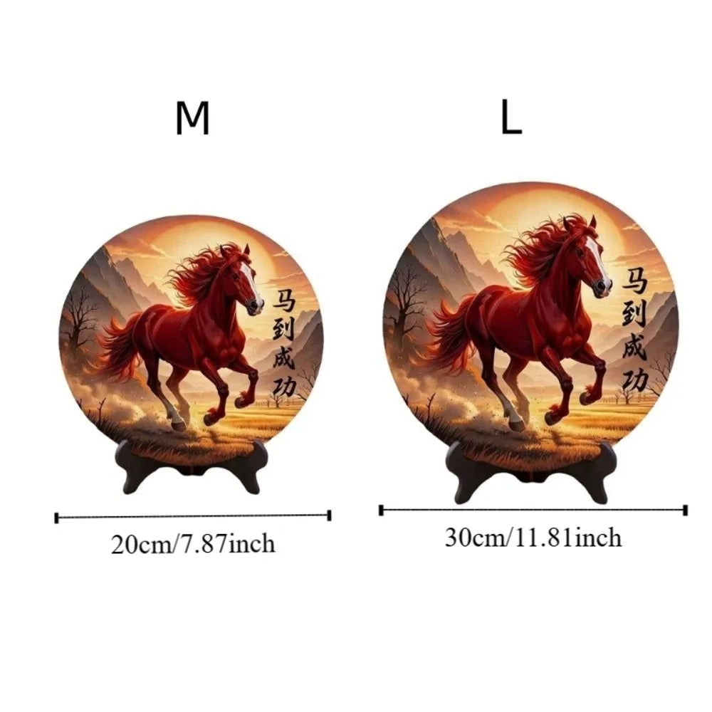 Horse Year Decorative Paintings Ornament Wooden Good Luck Photo Frame Decorations Funny Round Home Decor Ornament Bedroom