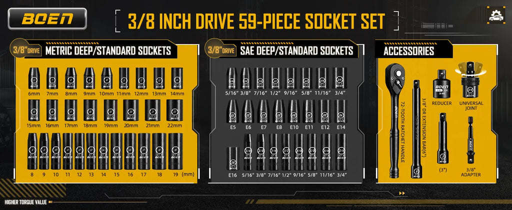 BOEN 3/8" Drive Impact Socket Set, 59-Piece Standard SAE (5/16 to 3/4 inch) and Metric (6-22mm), Include 9-Piece E-Torx Socket