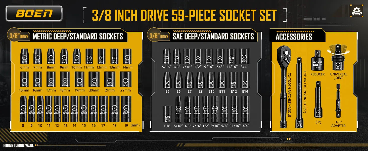 BOEN 3/8" Drive Impact Socket Set, 59-Piece Standard SAE (5/16 to 3/4 inch) and Metric (6-22mm), Include 9-Piece E-Torx Socket
