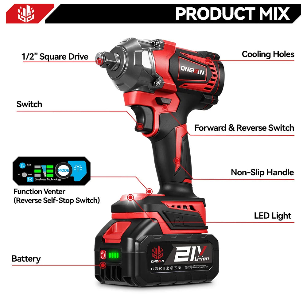 ONEVAN 1200N.M Brushless Electric Impact Wrench DTW500 4Gear Rechargeable Electric Screwdriver Power Tool For Makita Battery Pin