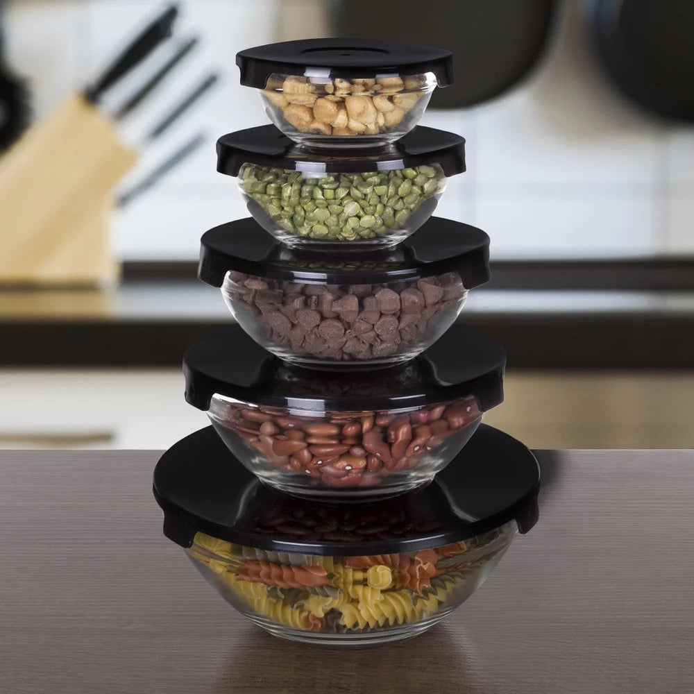 10 Piece Glass Storage Containers with Snap Lids Mixing Bowls Kitchen Prep Food Safe Reusable Space Efficient Dishwasher Safe