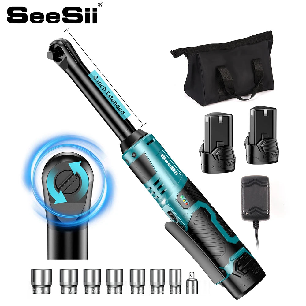 Seesii 6.3'' Extended Electric Ratchet Wrench kit 21V 3/8" Cordless Electric Wrench 80Nm Angle Wrench for Makita 18V battery pin
