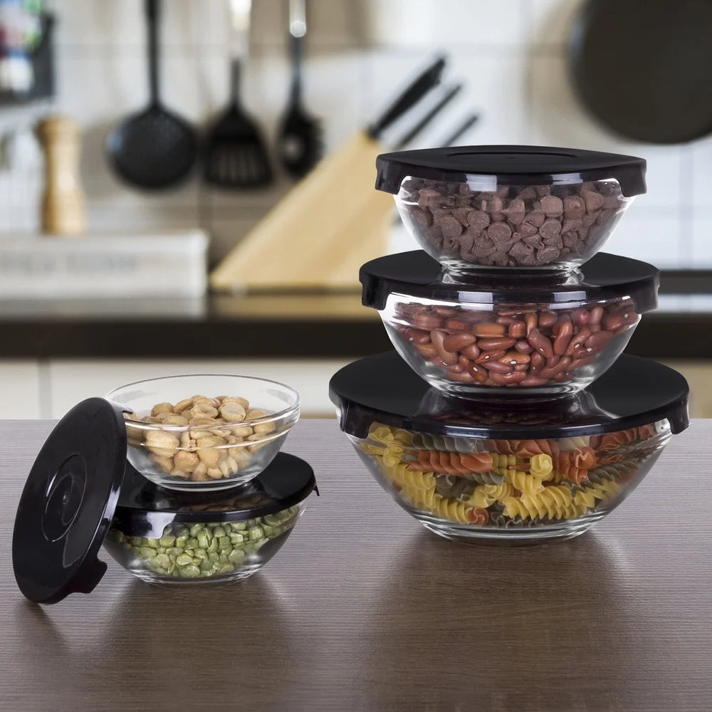 10 Piece Glass Storage Containers with Snap Lids Mixing Bowls Kitchen Prep Food Safe Reusable Space Efficient Dishwasher Safe