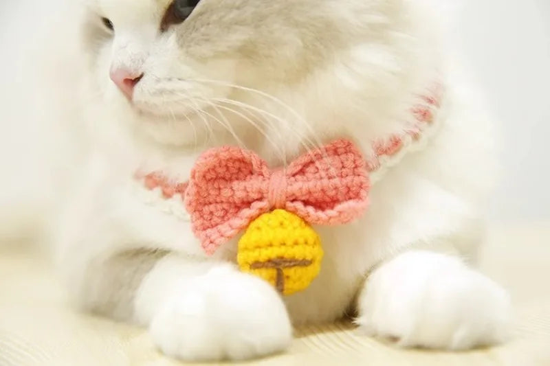 Knitting Pet Collars Cute Bow Bell Shape Knitted Scarf Handmade Dog Cat Collar Crochet Tie Adjustable Necklace Pet Accessories