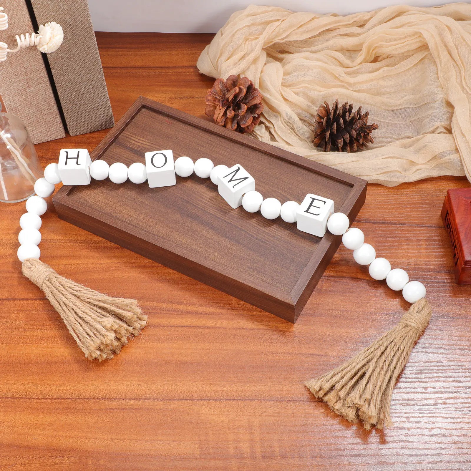 Hanging Bead Decors Wood Bead Garlands Boho Beads Garland Farmhouse Wall Decor Decorative Beaded String with Tassels for Living
