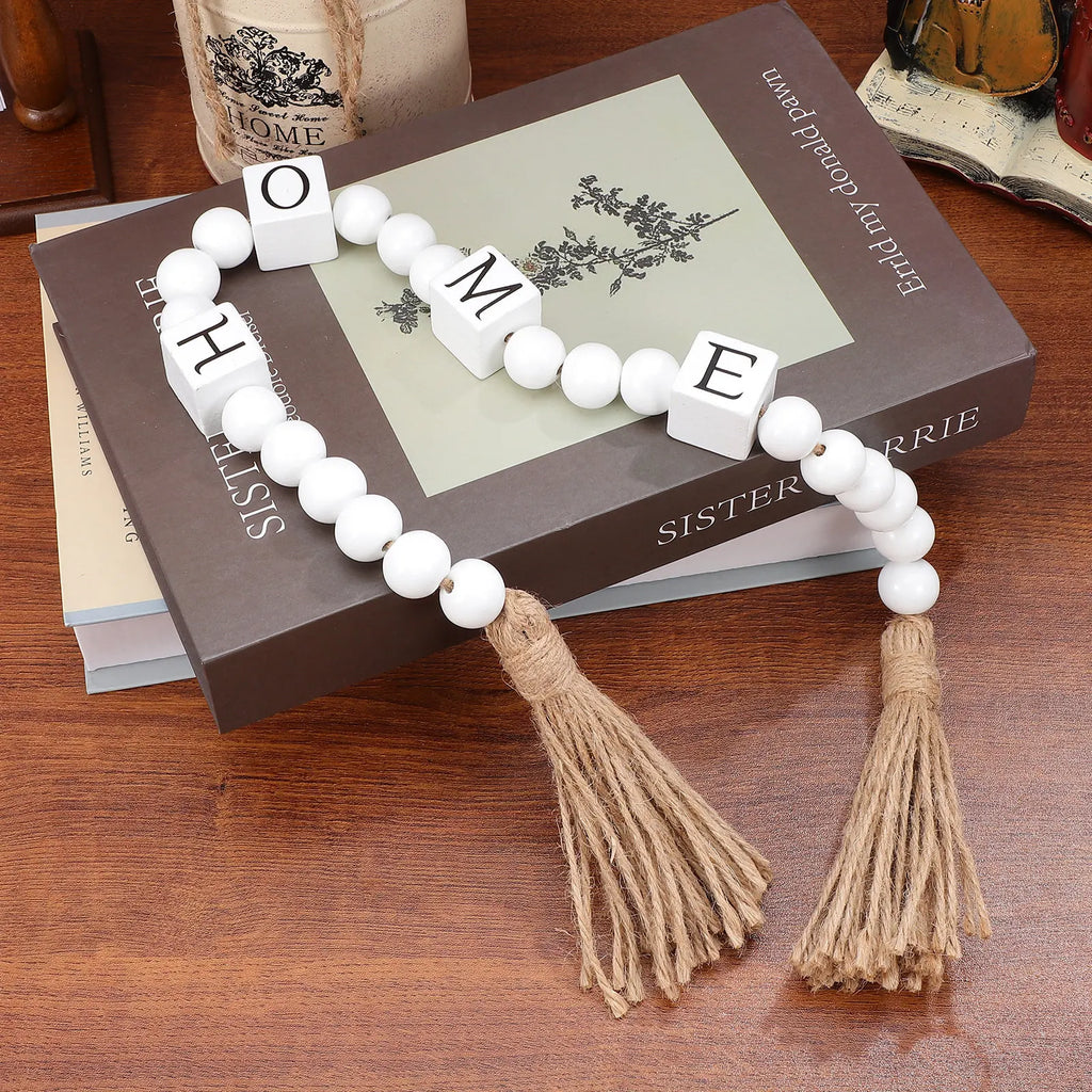 Hanging Bead Decors Wood Bead Garlands Boho Beads Garland Farmhouse Wall Decor Decorative Beaded String with Tassels for Living