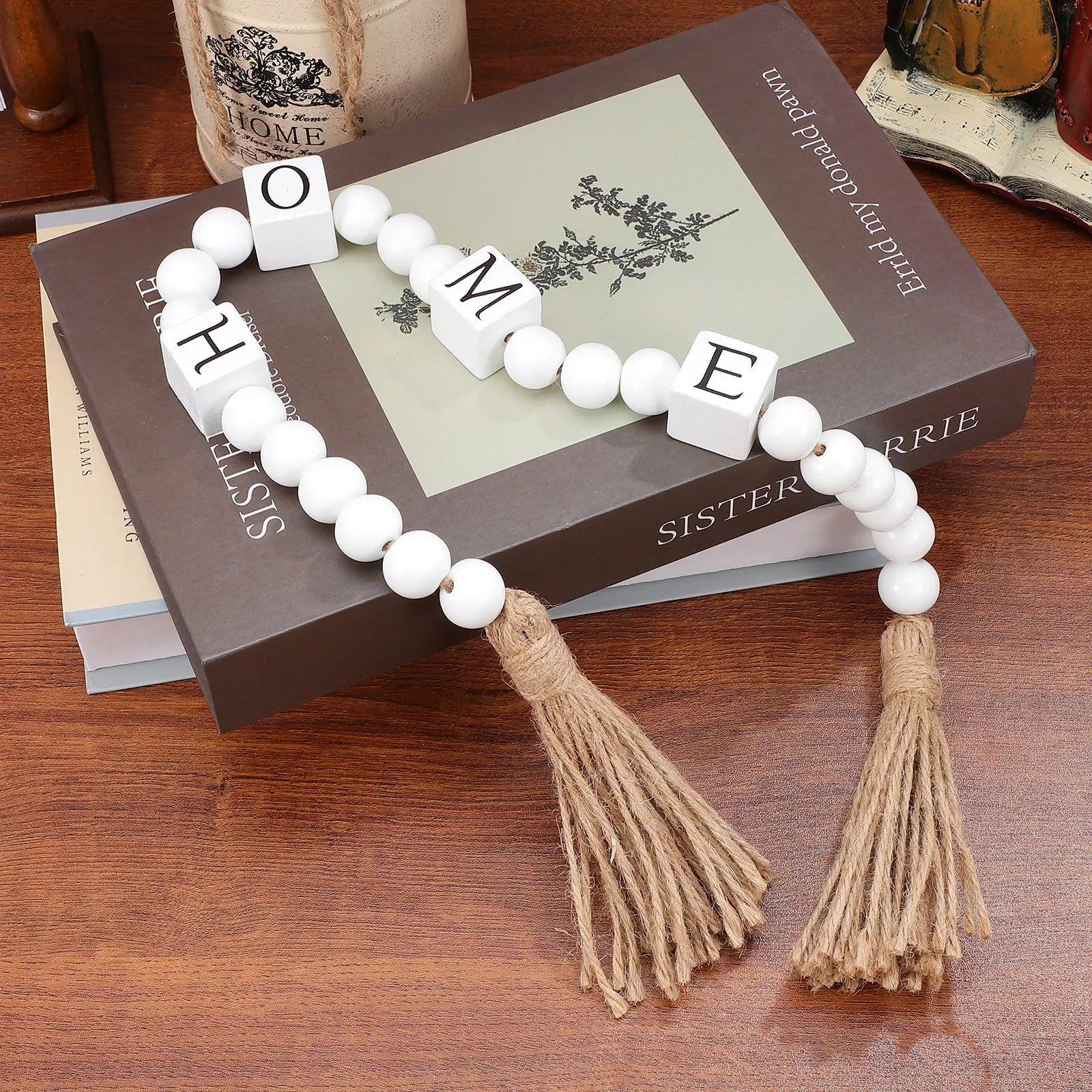 Hanging Bead Decors Wood Bead Garlands Boho Beads Garland Farmhouse Wall Decor Decorative Beaded String with Tassels for Living