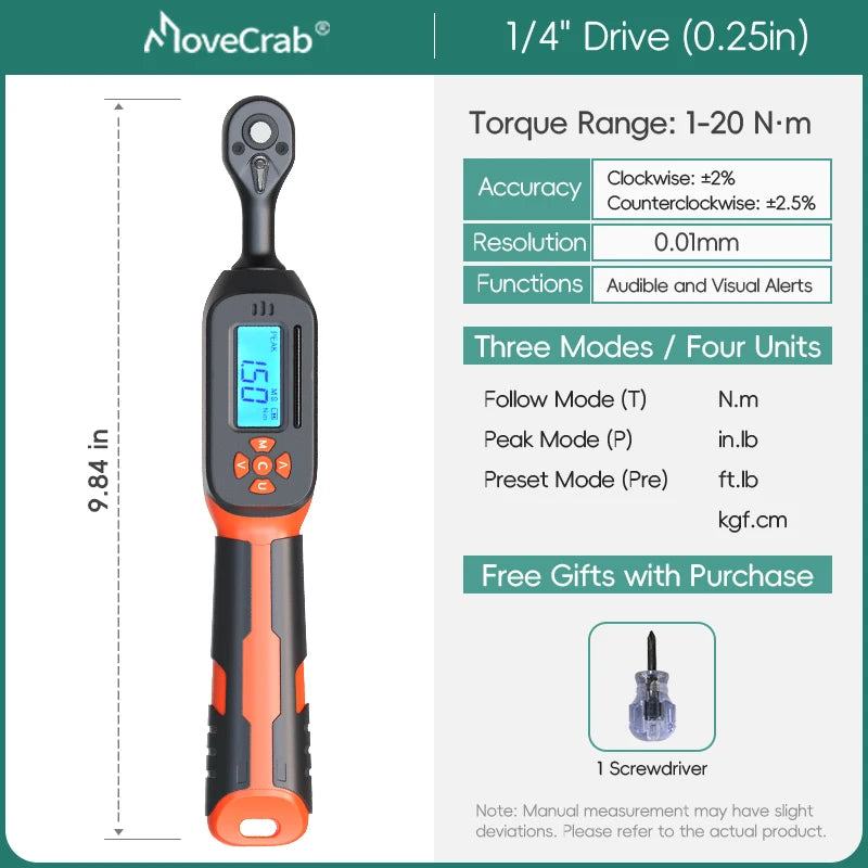 MOVECRAB Digital Torque Wrench 1-340N.m 2% Accuracy Preset & LED/Buzzer Alerts for Bike Motorcycles Automotive Mechanical Tool