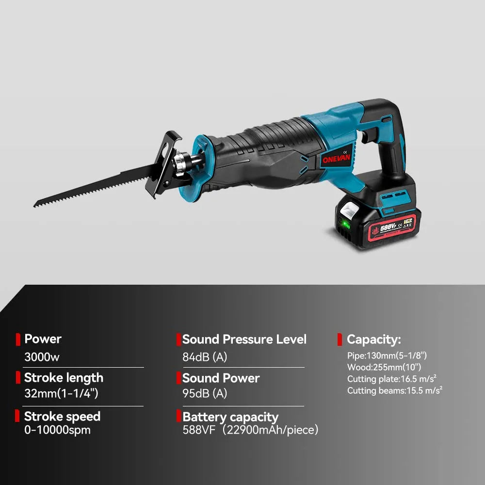 ONEVAN 3000W Brushless Cordless Reciprocating Saw Electric Chainsaw Cut Saw Wood Metal Pipe Cutting Tools For Makita Battery Pin