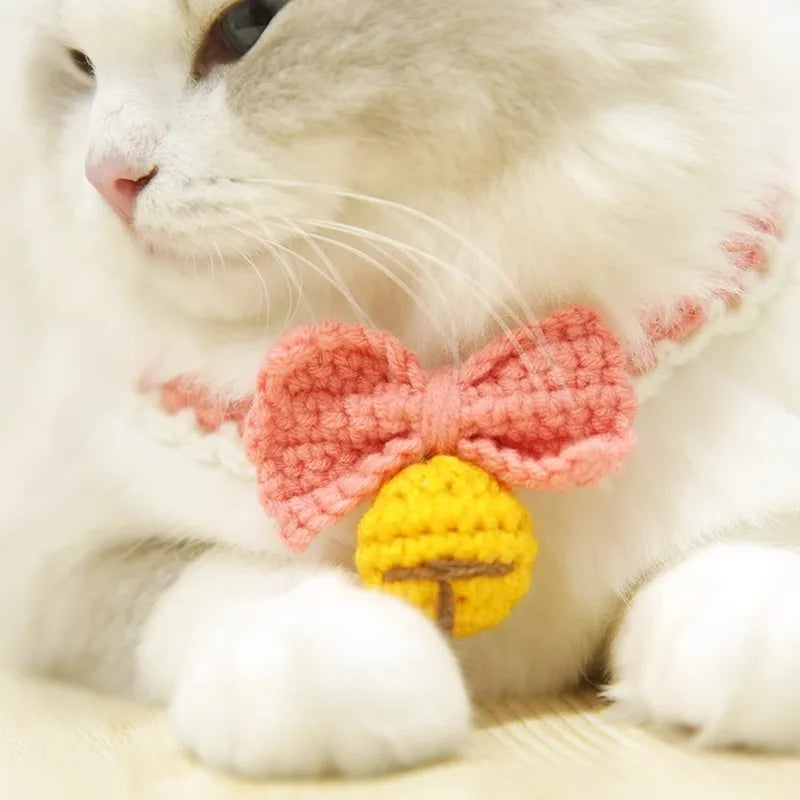 Knitting Pet Collars Cute Bow Bell Shape Knitted Scarf Handmade Dog Cat Collar Crochet Tie Adjustable Necklace Pet Accessories