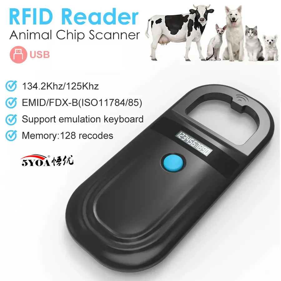 5YOA Handheld 134.2Khz Animal RFID Reader Pet Cat Dog Micro-Type Chip Scanner FDX-B Glass Chip USB/Bluetooth Tag Reader