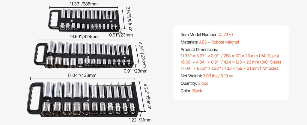 SucceBuy 3PCS Magnetic Socket Organizer Tray 3/8'' 1/2'' Metric & SAE Socket Holder Set up to 76 Sockets for Tool Box Drawer