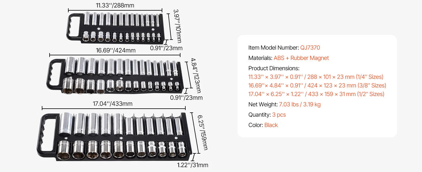 SucceBuy 3PCS Magnetic Socket Organizer Tray 3/8'' 1/2'' Metric & SAE Socket Holder Set up to 76 Sockets for Tool Box Drawer