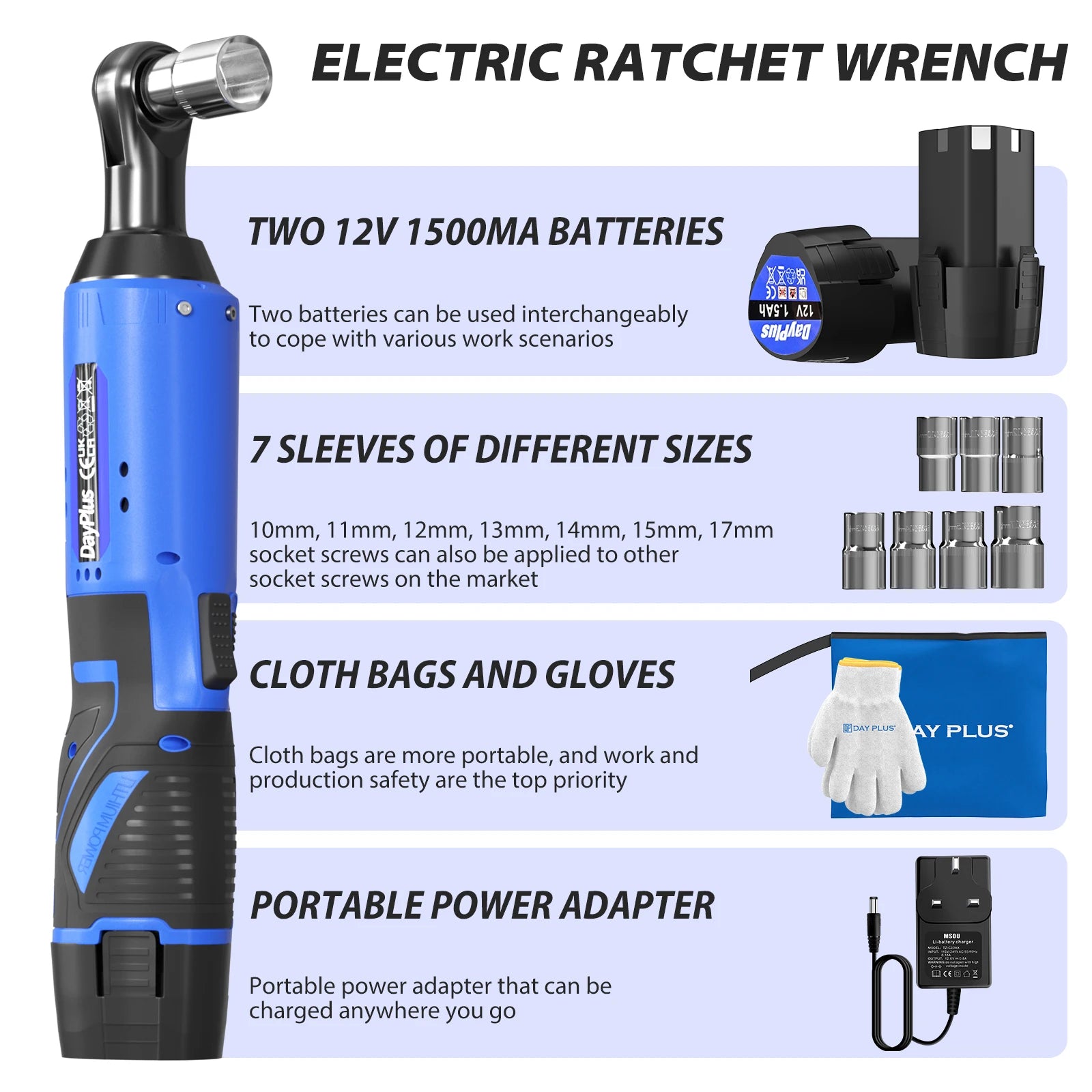 Electric Cordless Right Ratchet 3/8'' 90° Angle Wrench with LED Work Light +7pcs Sockets Set Power Ratchet Wrenches, 2 Battery
