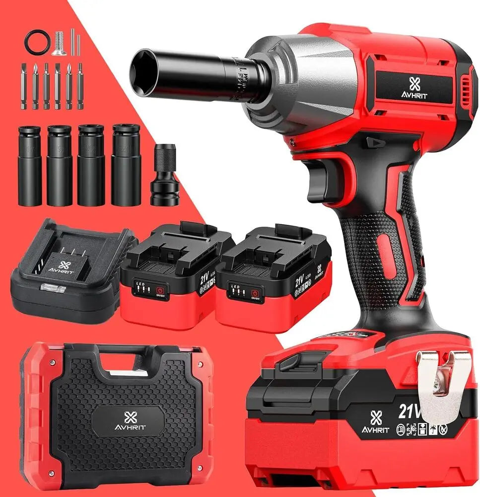 AVHRIT 1/2"Brushless Cordless Impact Wrench 650Nm(480Ft-lbs) 2200RPM w/ 2x4Ah Battery Kit & Sockets-Heavy Duty for Car/Truck/DIY