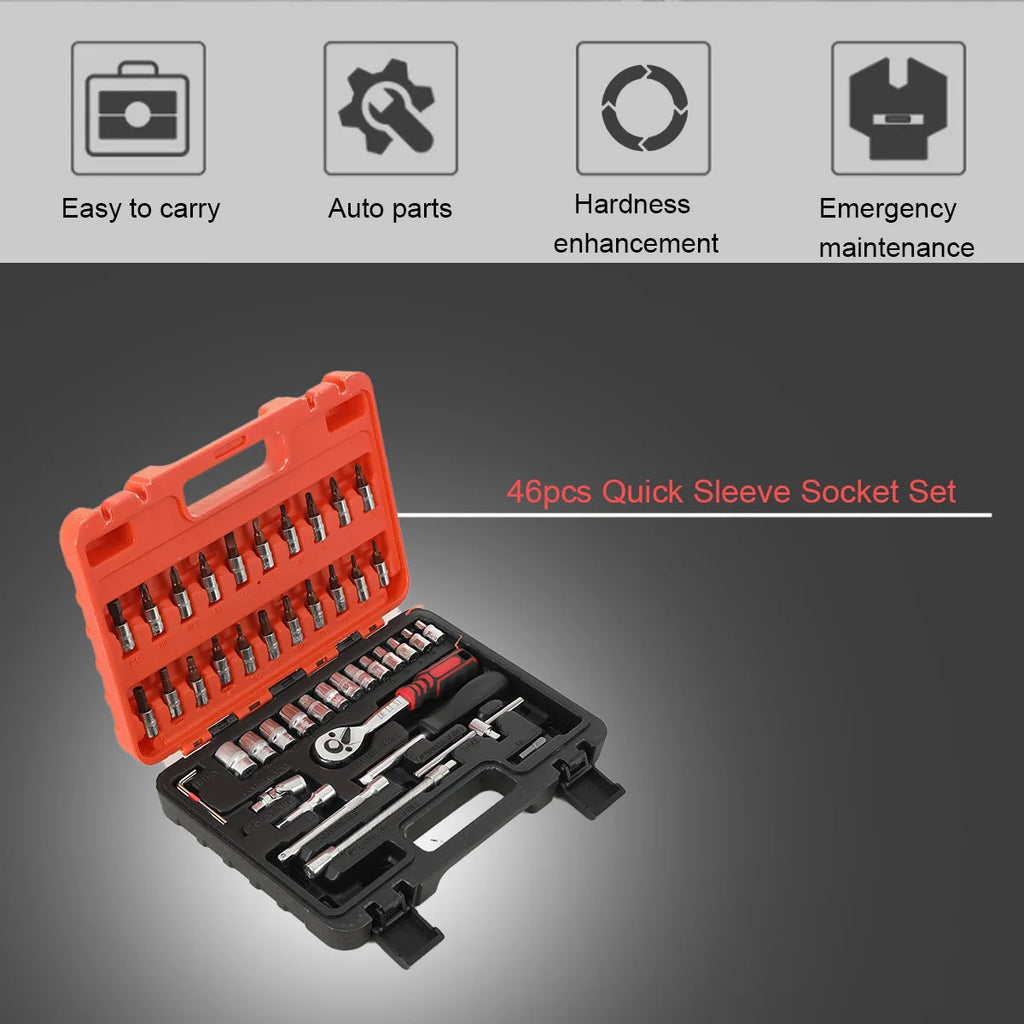 46-Piece Car Repair Tool Set with Sockets and Case 1/4 Socket Wrench Automotive Tool Maintainance Tool Box