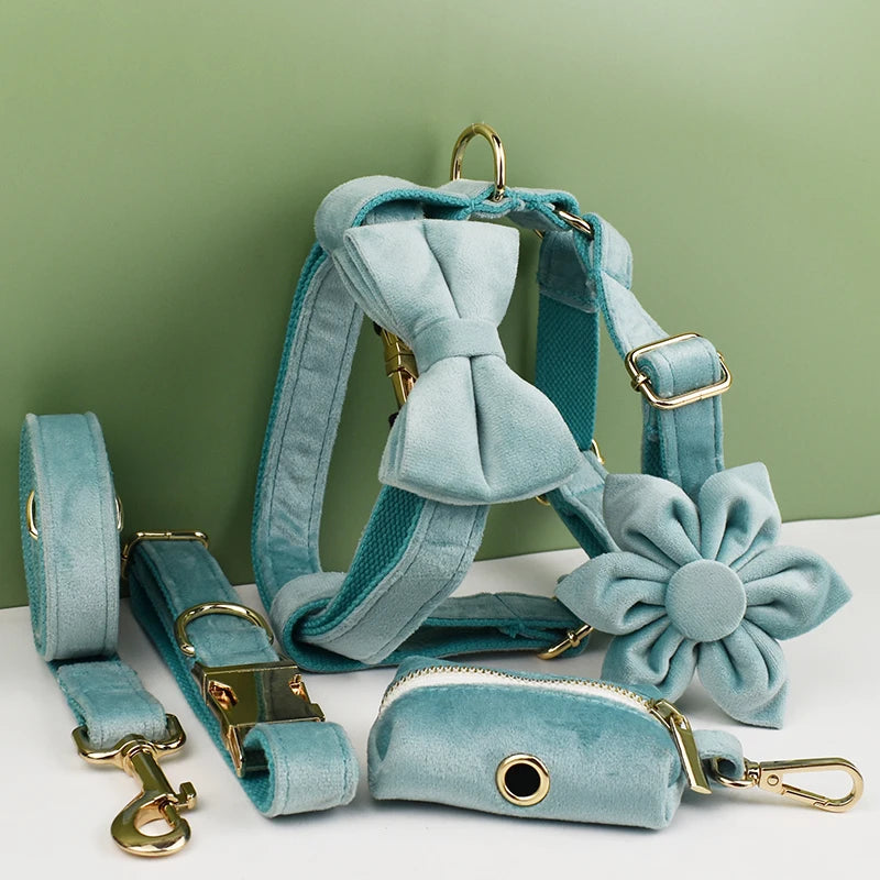 Green Velvet Dog Collar And Leash Set For Small Medium Large Dogs Custom Engraved Nameplate Pet Supplies Dog Leash Velvet29