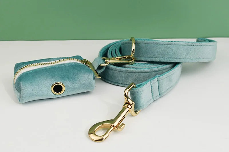 Green Velvet Dog Collar And Leash Set For Small Medium Large Dogs Custom Engraved Nameplate Pet Supplies Dog Leash Velvet29