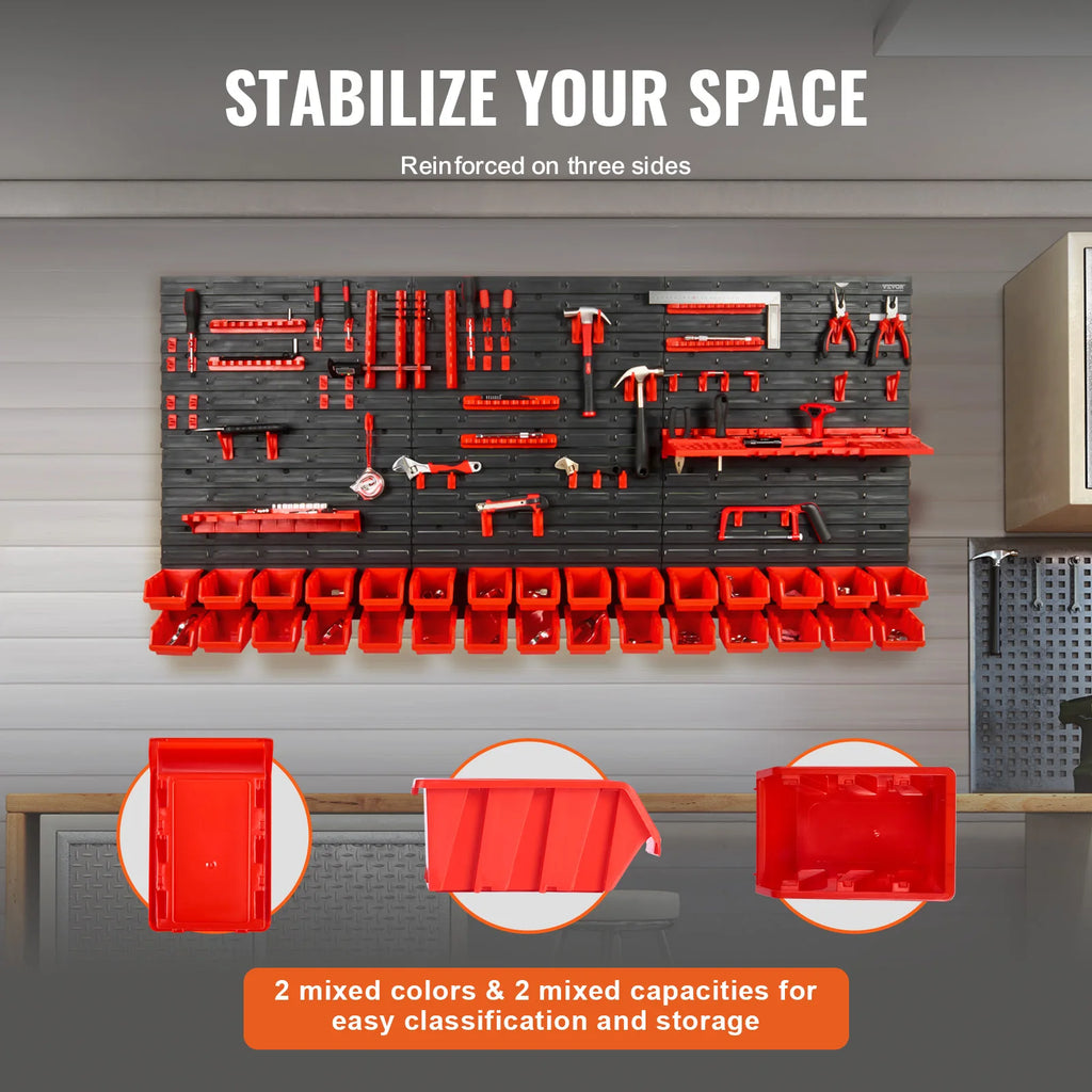 SucceBuy Wall Mounted Storage Bins 30/48Bin Parts Rack Organizer Garage with Wall Panels Hooks Plastic Shop Tool for Screw Nails