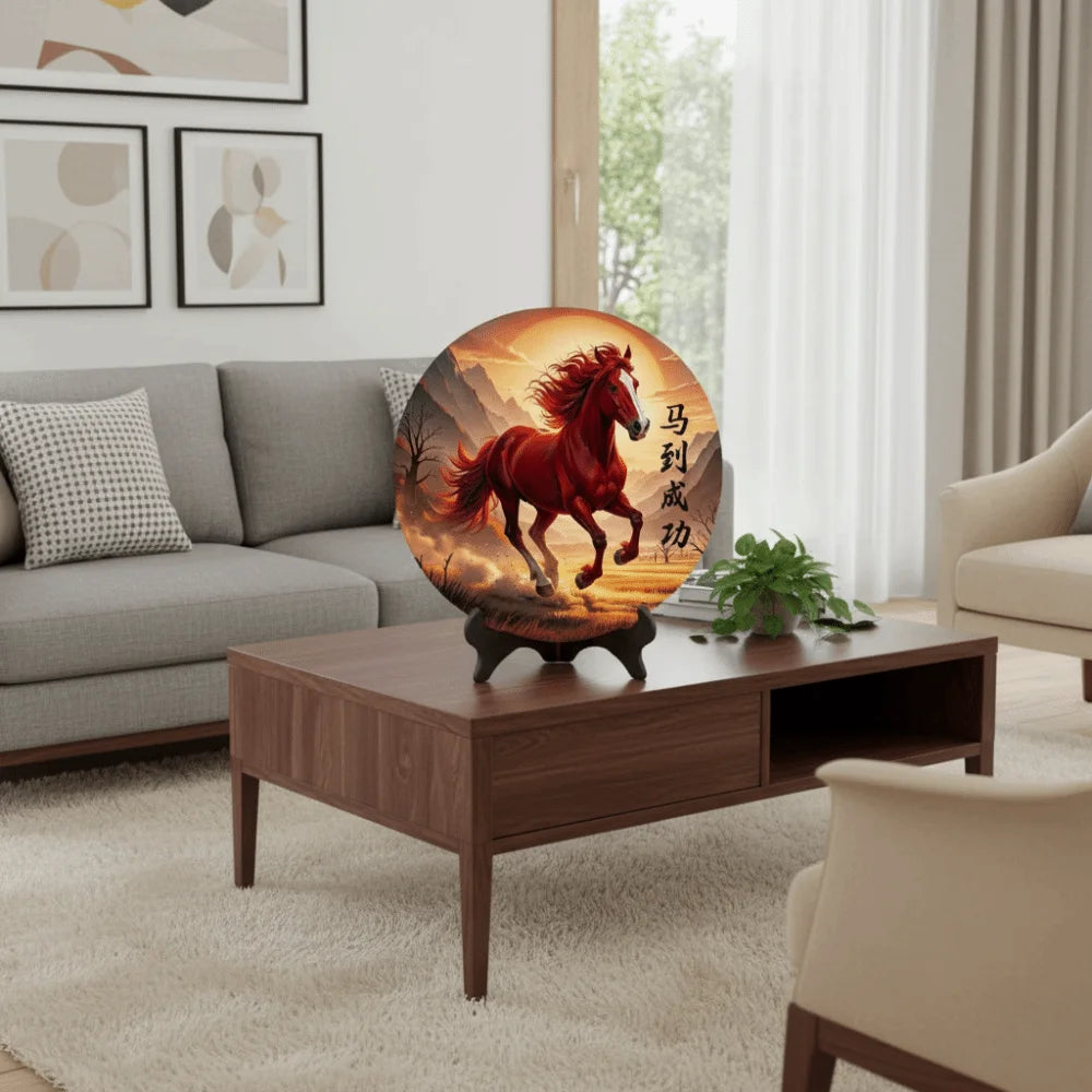 Horse Year Decorative Paintings Ornament Wooden Good Luck Photo Frame Decorations Funny Round Home Decor Ornament Bedroom