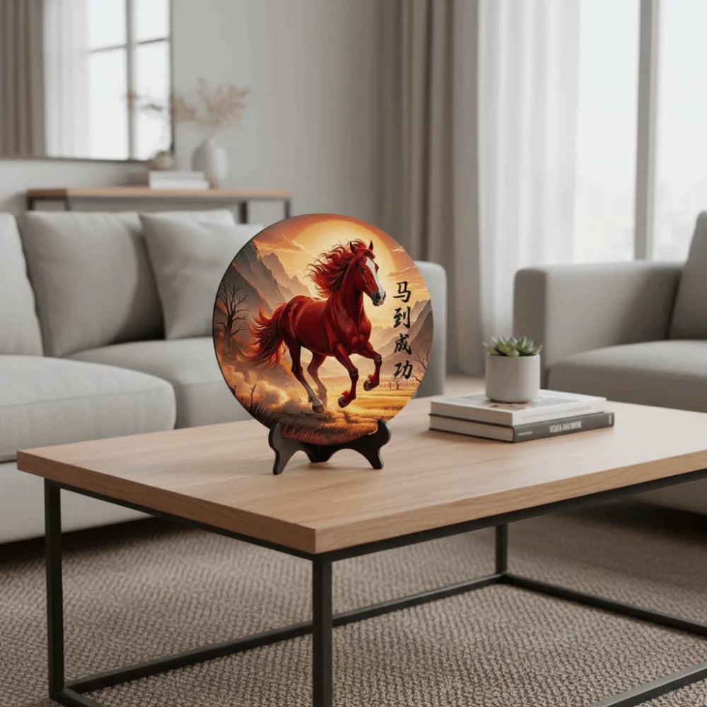 Horse Year Decorative Paintings Ornament Wooden Good Luck Photo Frame Decorations Funny Round Home Decor Ornament Bedroom