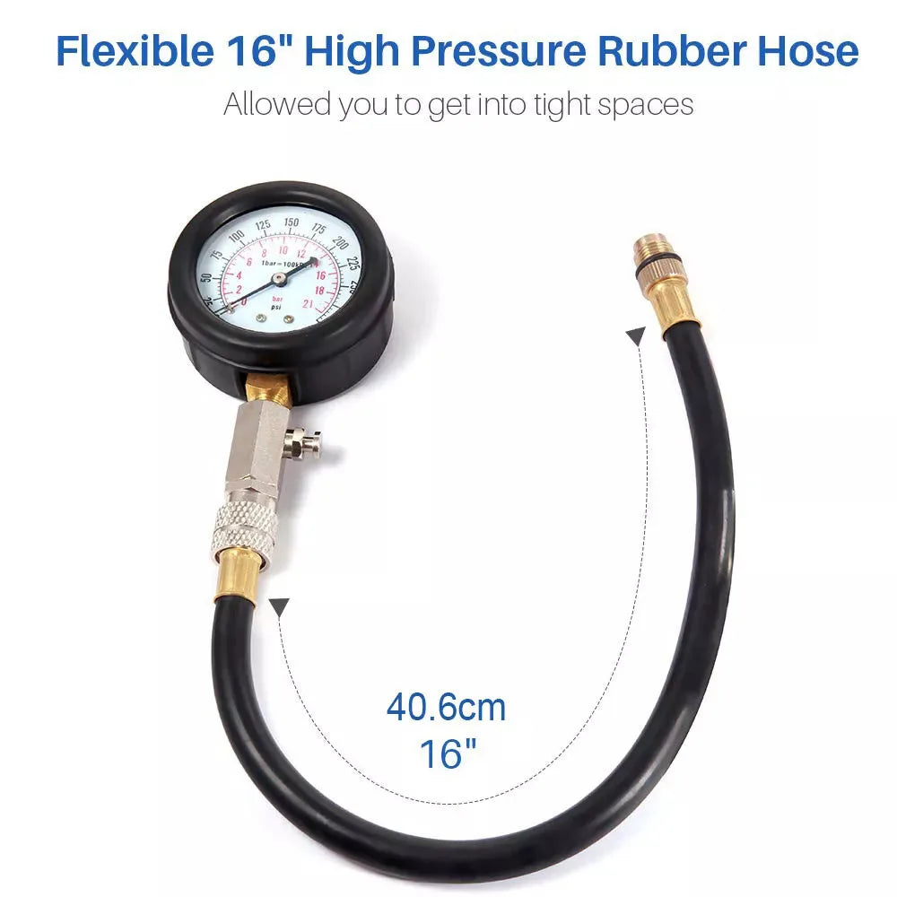 Petrol Engine Cylinder Compression Tester Kit Automotive and Motorcycles Tool 0-300PSI Engine Cylinder Pressure 0-21 Bar Gauge