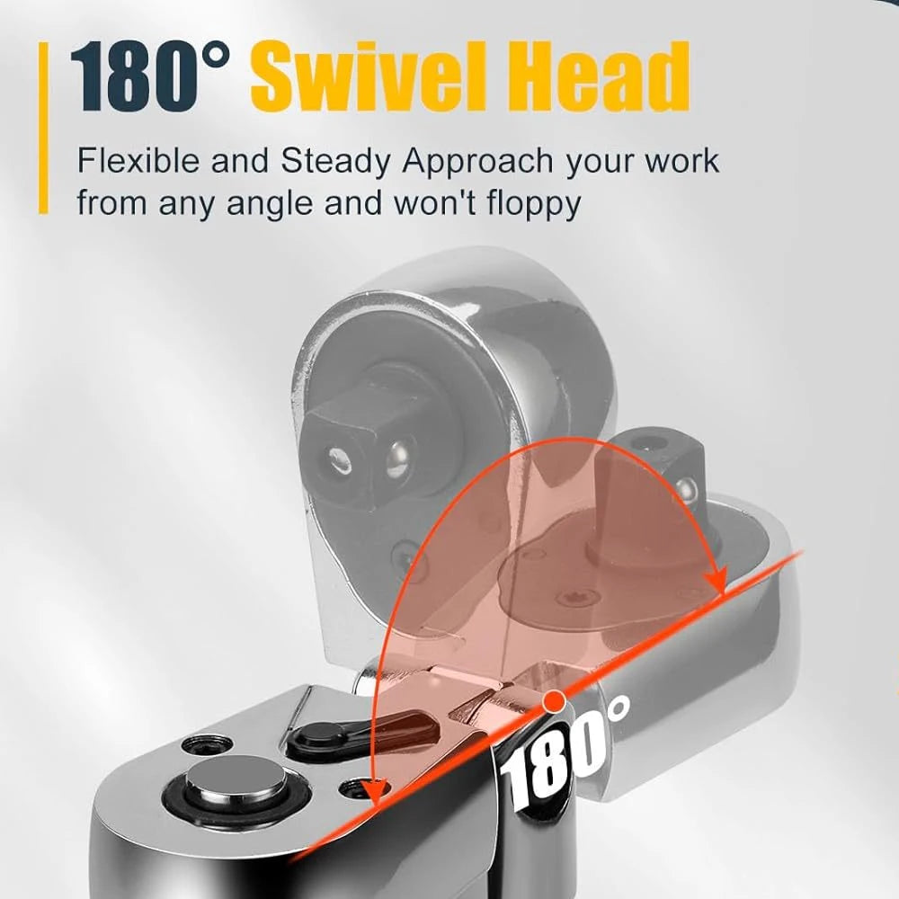 Flex Head Ratchet Set 1/4" 3/8" 1/2" Drive 180° Adjustable Swivel Head Ratchet Wrench with Extension Bar 72 Tooth 6 pcs