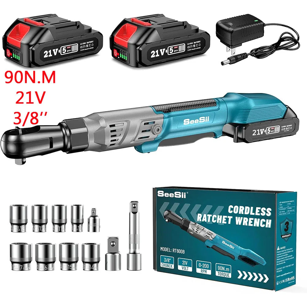 Seesii 6.3'' Extended Electric Ratchet Wrench kit 21V 3/8" Cordless Electric Wrench 80Nm Angle Wrench for Makita 18V battery pin