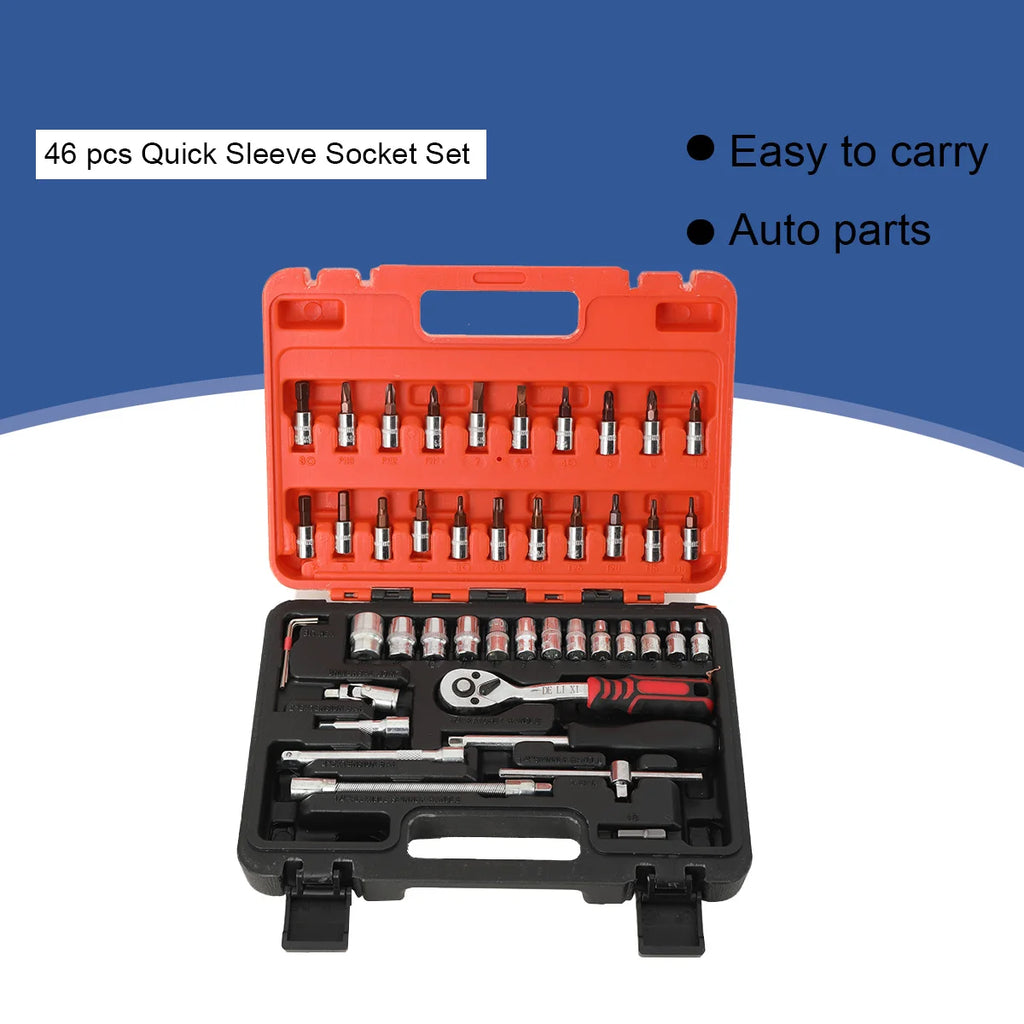 46-Piece Car Repair Tool Set with Sockets and Case 1/4 Socket Wrench Automotive Tool Maintainance Tool Box