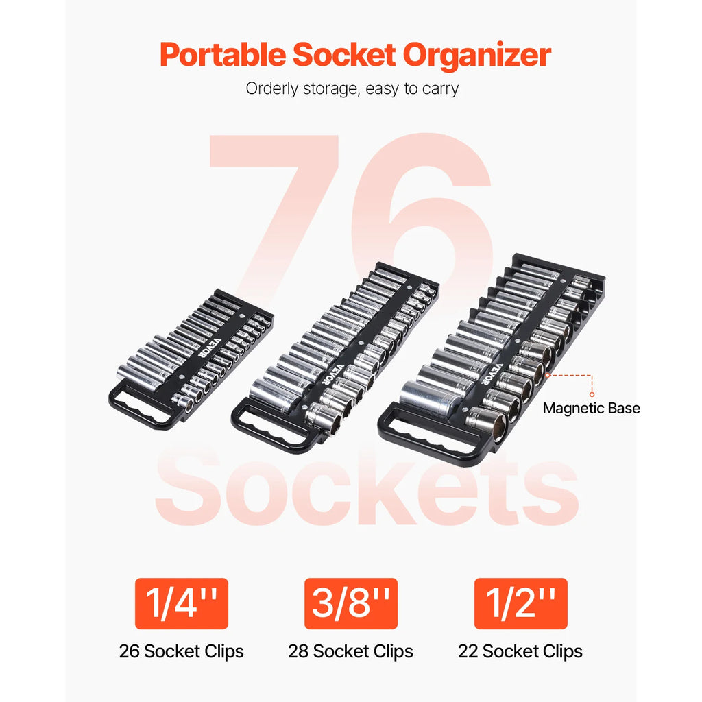 SucceBuy 3PCS Magnetic Socket Organizer Tray 3/8'' 1/2'' Metric & SAE Socket Holder Set up to 76 Sockets for Tool Box Drawer