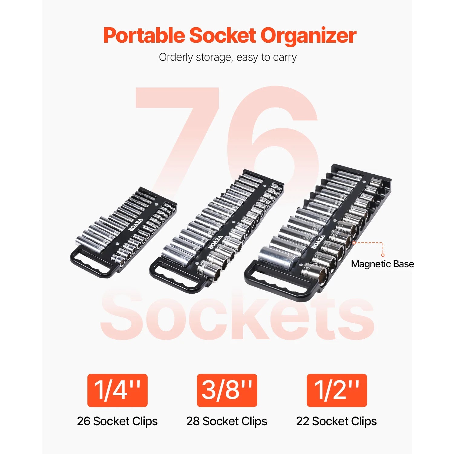 SucceBuy 3PCS Magnetic Socket Organizer Tray 3/8'' 1/2'' Metric & SAE Socket Holder Set up to 76 Sockets for Tool Box Drawer
