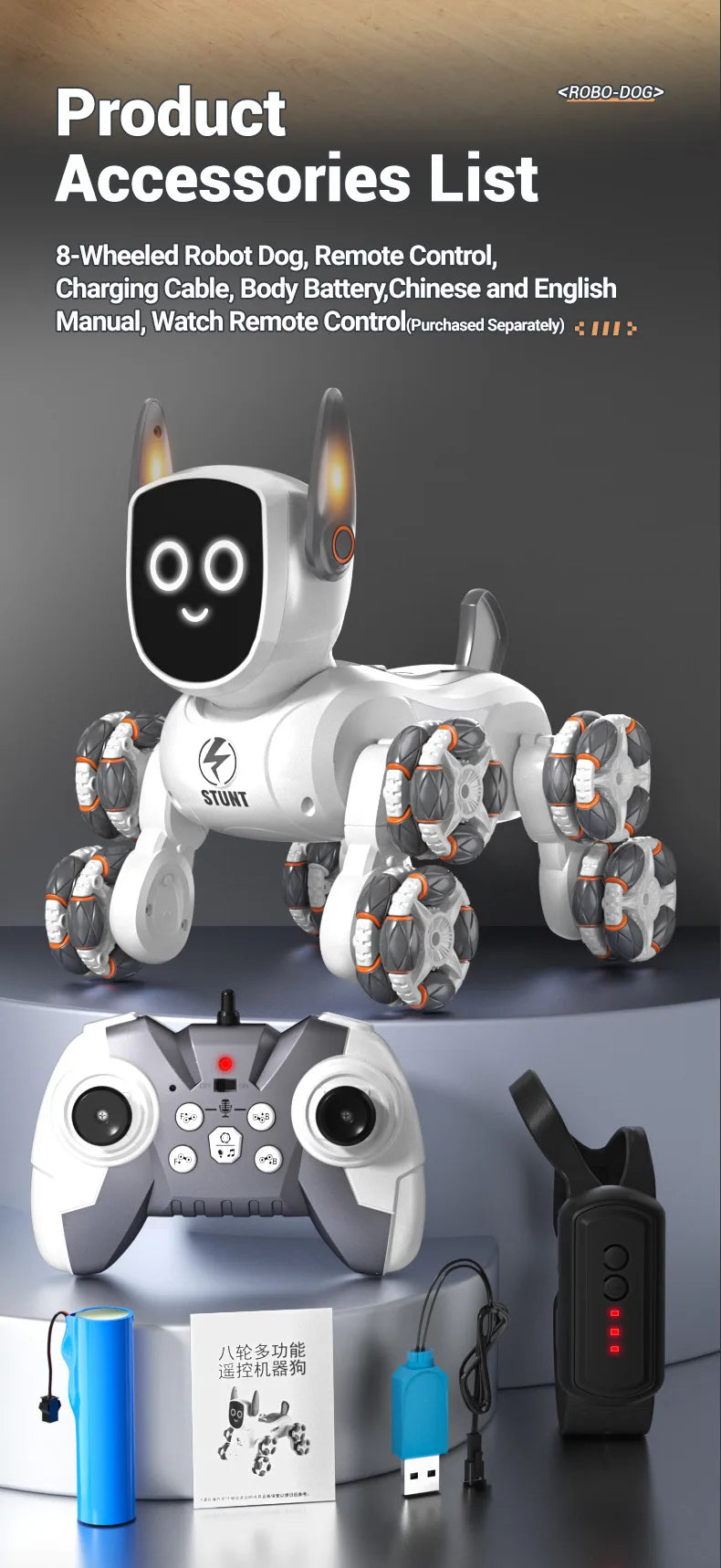 Jjrc Q193 Rc Stunt Car 8-Wheel Mechanical Robot Dog Lights for Kids Remote Gesture Sensing Dual Control Electronic Pet Toy Car