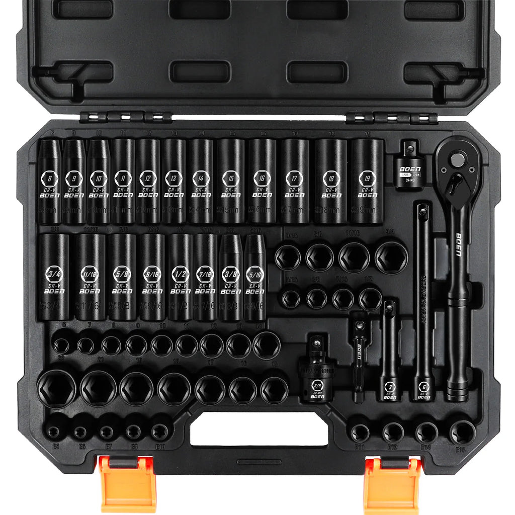 BOEN 3/8" Drive Impact Socket Set, 59-Piece Standard SAE (5/16 to 3/4 inch) and Metric (6-22mm), Include 9-Piece E-Torx Socket