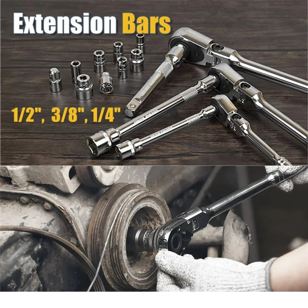 Flex Head Ratchet Set 1/4" 3/8" 1/2" Drive 180° Adjustable Swivel Head Ratchet Wrench with Extension Bar 72 Tooth 6 pcs