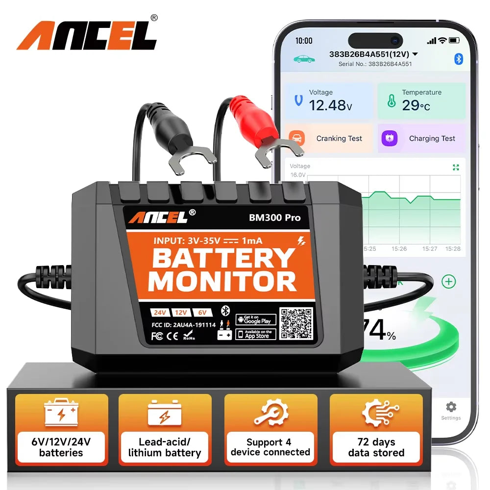 2025 ANCEL BM300 Pro Battery Monitor 24V Battery Tester 12V SOC Battery Health Analyzer Battery Tools