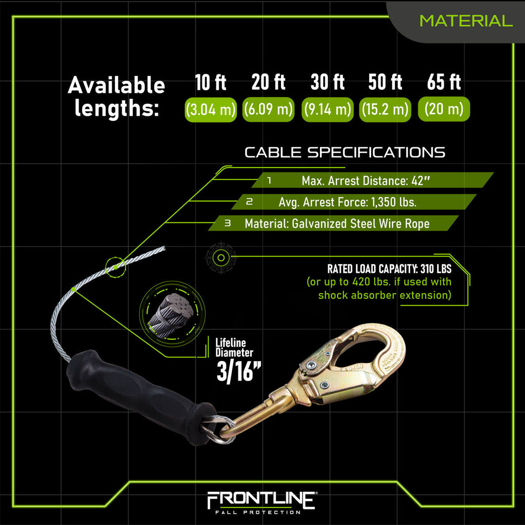 Frontline RPG30 30' Cable Single Leg SRL with Steel Snap Hook End with Carry on Handle and Tagline