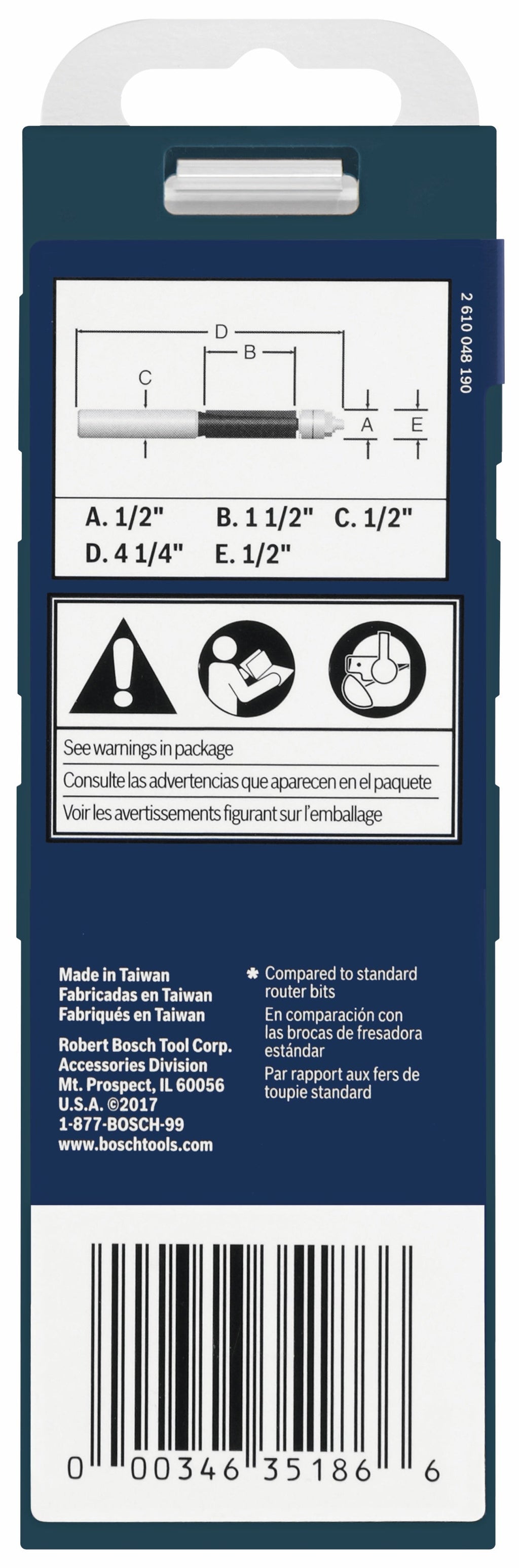 BOSCH 85601MC 1/2 In. x 1-1/2 In. Carbide-Tipped Double-Flute Template Trim Router Bit
